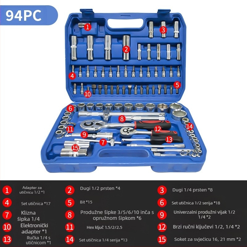 Set alata za popravak automobila L1639 – Karbonska čelika, 108-dijelni set u kutiji
