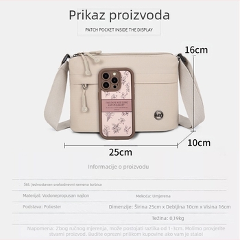 Najlonska crossbody torba, gradski minimalistički stil, mali kvadratni oblik, zatvaranje na zip, poliester podstava, unutarnji džepovi sa zipom