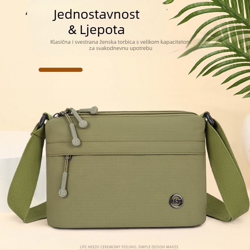 Najlonska crossbody torba, gradski minimalistički stil, mali kvadratni oblik, zatvaranje na zip, poliester podstava, unutarnji džepovi sa zipom