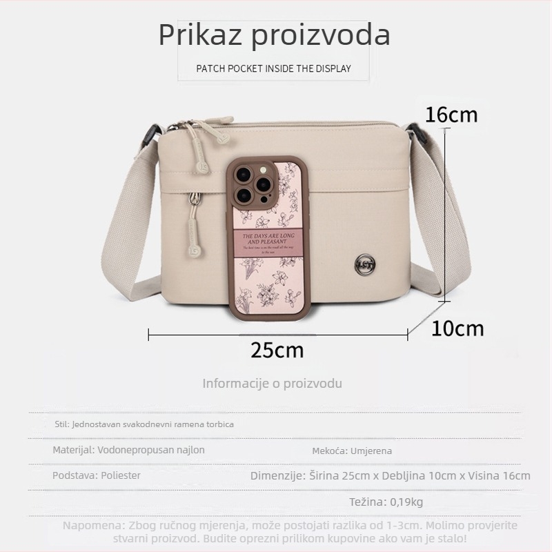 Najlonska crossbody torba, gradski minimalistički stil, mali kvadratni oblik, zatvaranje na zip, poliester podstava, unutarnji džepovi sa zipom