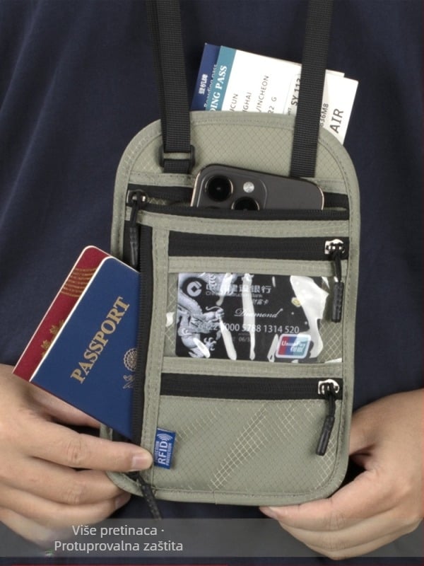 QISE RFID futrola za putovnicu s križnim remenom – zaštita od krađe, vodootporna, otporna na habanje, najlonska podstava, za muškarce, držač za putovnicu i osobnu iskaznicu, futrola za putne dokumente, čvrsti logo