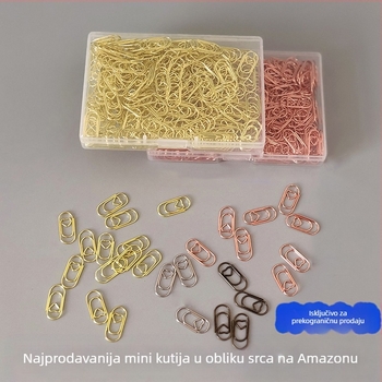 Mini kopče za papir u obliku srca, metalno-plastična konstrukcija, u prozirnoj plastičnoj kutiji – uredski pribor
