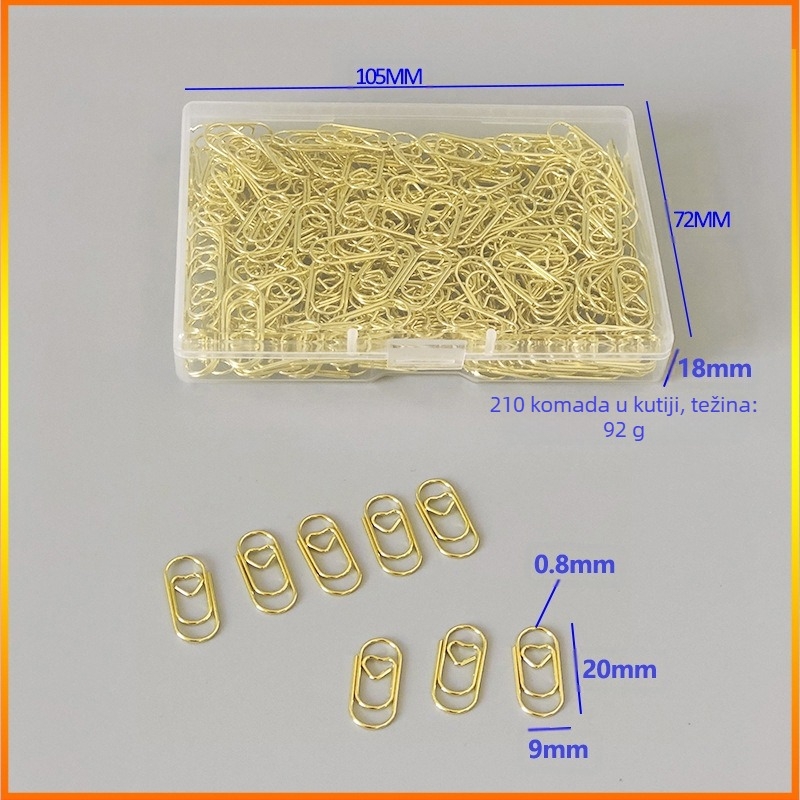 Mini kopče za papir u obliku srca, metalno-plastična konstrukcija, u prozirnoj plastičnoj kutiji – uredski pribor