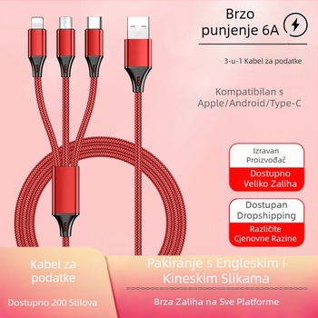 Dingrui Najlonski Pleteni 3-u-1 Kabel za Punjac, Lightning, Micro USB, USB-C, Duljina 1,2 m, Brzo punjenje