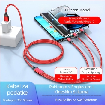 Dingrui Najlonski Pleteni 3-u-1 Kabel za Punjac, Lightning, Micro USB, USB-C, Duljina 1,2 m, Brzo punjenje