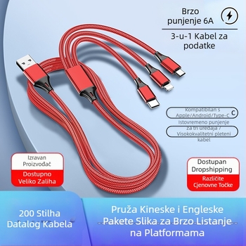 Dingrui Najlonski Pleteni 3-u-1 Kabel za Punjac, Lightning, Micro USB, USB-C, Duljina 1,2 m, Brzo punjenje