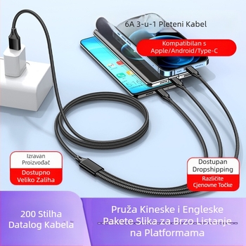 Dingrui Najlonski Pleteni 3-u-1 Kabel za Punjac, Lightning, Micro USB, USB-C, Duljina 1,2 m, Brzo punjenje