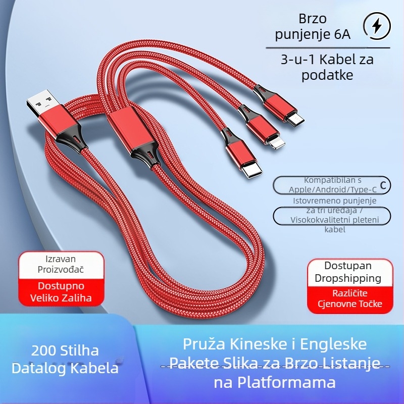 Dingrui Najlonski Pleteni 3-u-1 Kabel za Punjac, Lightning, Micro USB, USB-C, Duljina 1,2 m, Brzo punjenje