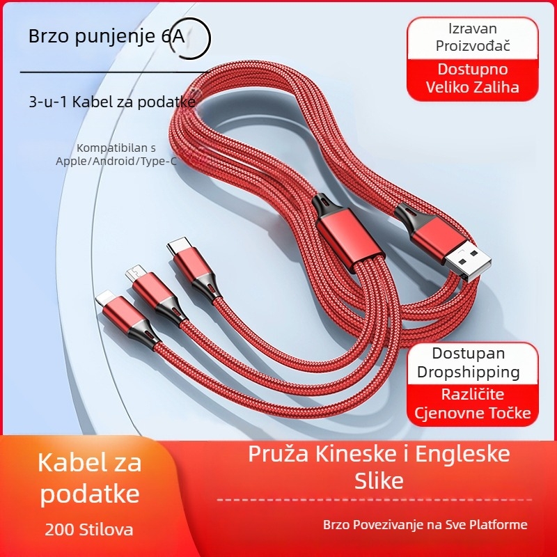 Dingrui Najlonski Pleteni 3-u-1 Kabel za Punjac, Lightning, Micro USB, USB-C, Duljina 1,2 m, Brzo punjenje