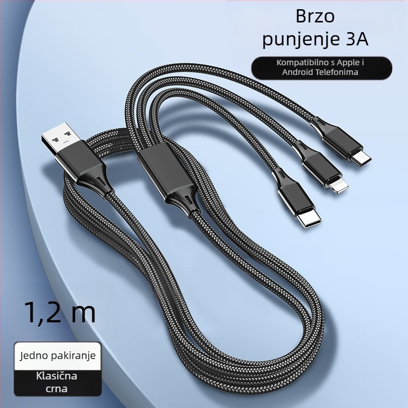 Dingrui Najlonski Pleteni 3-u-1 Kabel za Punjac, Lightning, Micro USB, USB-C, Duljina 1,2 m, Brzo punjenje