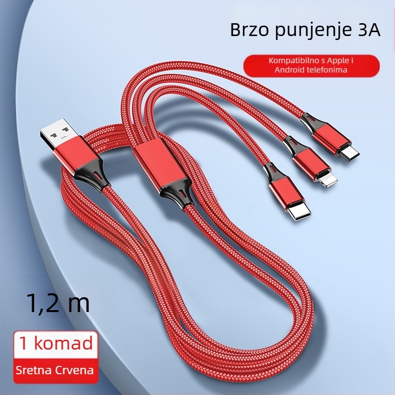 Dingrui Najlonski Pleteni 3-u-1 Kabel za Punjac, Lightning, Micro USB, USB-C, Duljina 1,2 m, Brzo punjenje