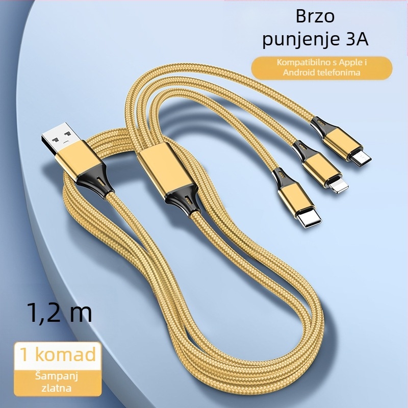 Dingrui Najlonski Pleteni 3-u-1 Kabel za Punjac, Lightning, Micro USB, USB-C, Duljina 1,2 m, Brzo punjenje