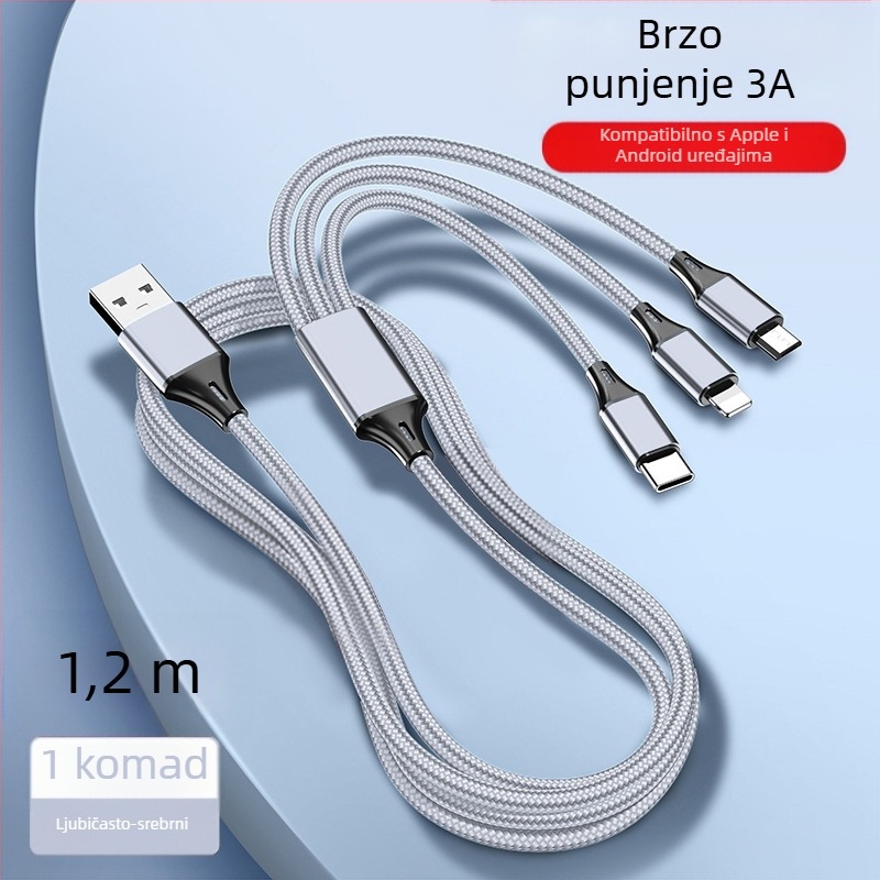 Dingrui Najlonski Pleteni 3-u-1 Kabel za Punjac, Lightning, Micro USB, USB-C, Duljina 1,2 m, Brzo punjenje