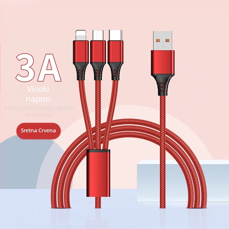 Dingrui Najlonski Pleteni 3-u-1 Kabel za Punjac, Lightning, Micro USB, USB-C, Duljina 1,2 m, Brzo punjenje