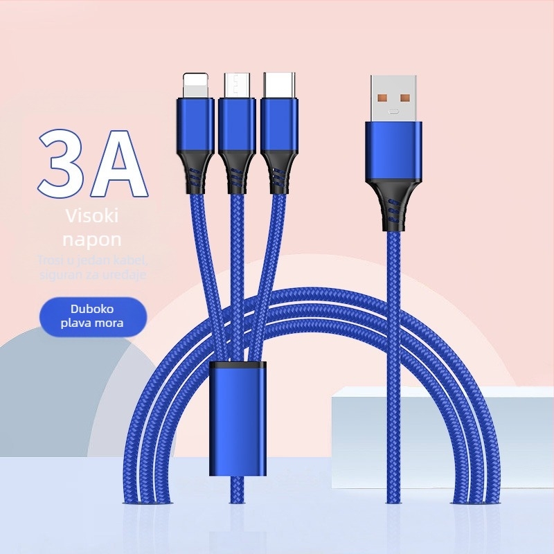 Dingrui Najlonski Pleteni 3-u-1 Kabel za Punjac, Lightning, Micro USB, USB-C, Duljina 1,2 m, Brzo punjenje