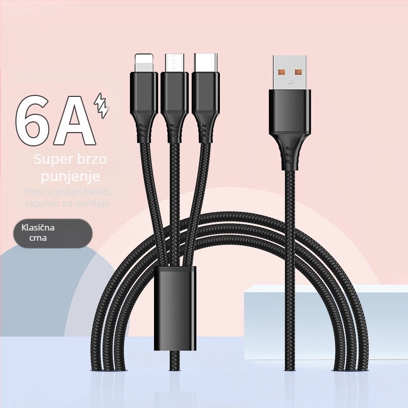 Dingrui Najlonski Pleteni 3-u-1 Kabel za Punjac, Lightning, Micro USB, USB-C, Duljina 1,2 m, Brzo punjenje