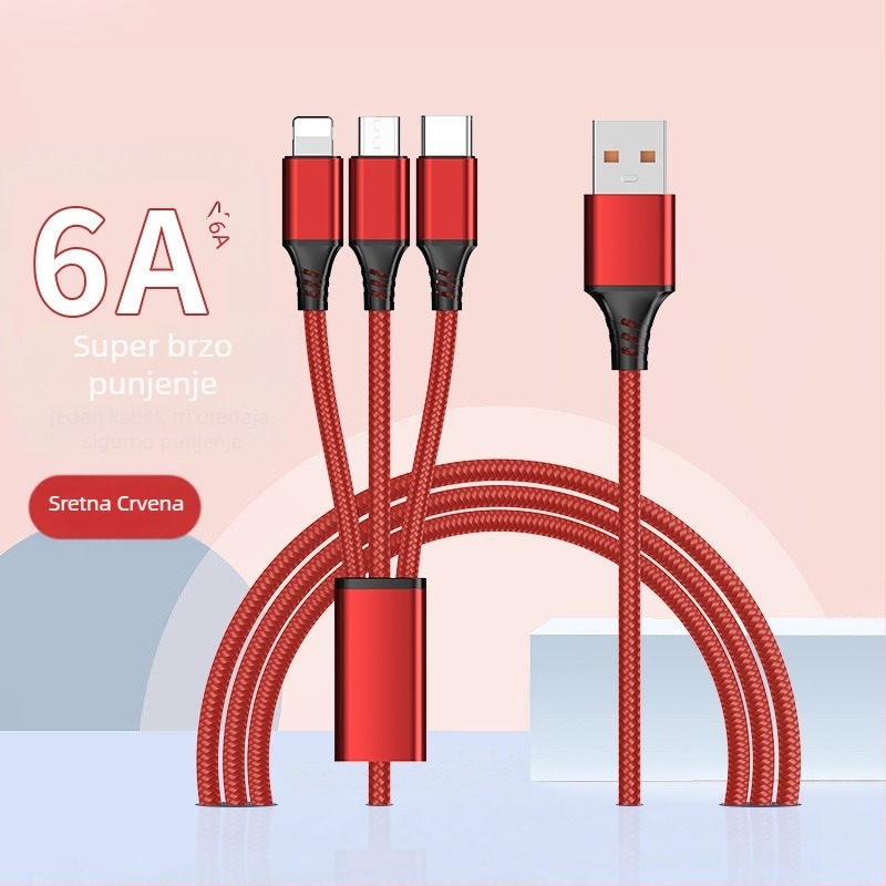 Dingrui Najlonski Pleteni 3-u-1 Kabel za Punjac, Lightning, Micro USB, USB-C, Duljina 1,2 m, Brzo punjenje