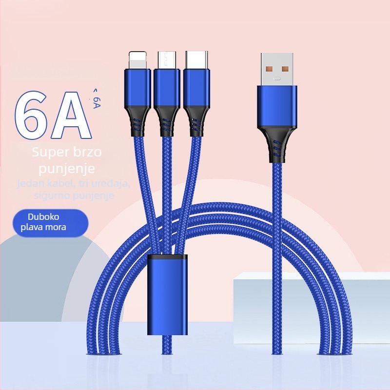 Dingrui Najlonski Pleteni 3-u-1 Kabel za Punjac, Lightning, Micro USB, USB-C, Duljina 1,2 m, Brzo punjenje