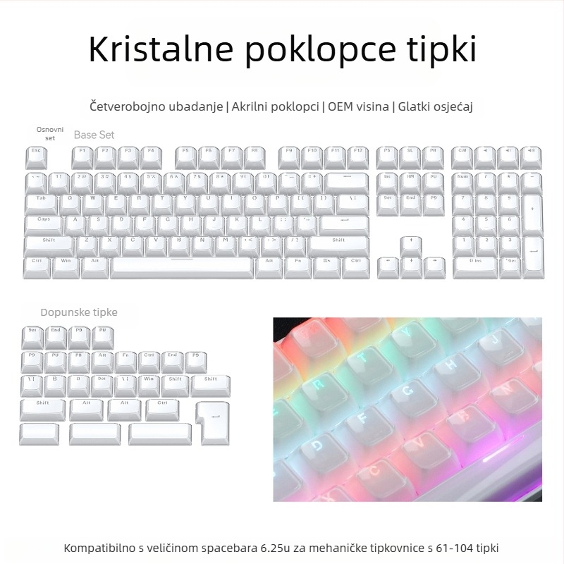 Set keycapova za mehaničku tipkovnicu, 113 tipki, PC materijal, dvobojna bočna gravura, kompatibilan s Cross-Shaft