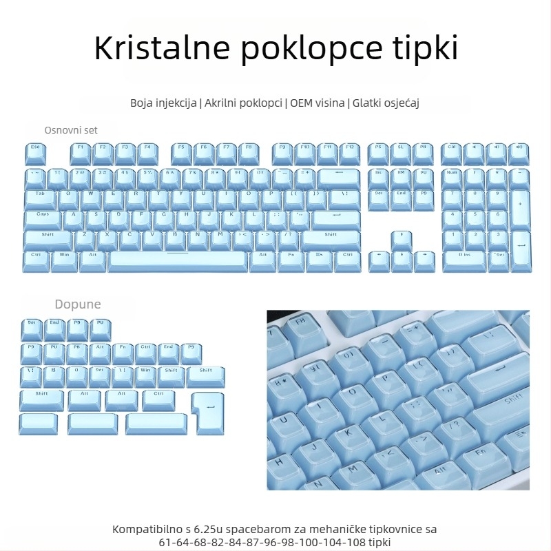 Set keycapova za mehaničku tipkovnicu, 113 tipki, PC materijal, dvobojna bočna gravura, kompatibilan s Cross-Shaft