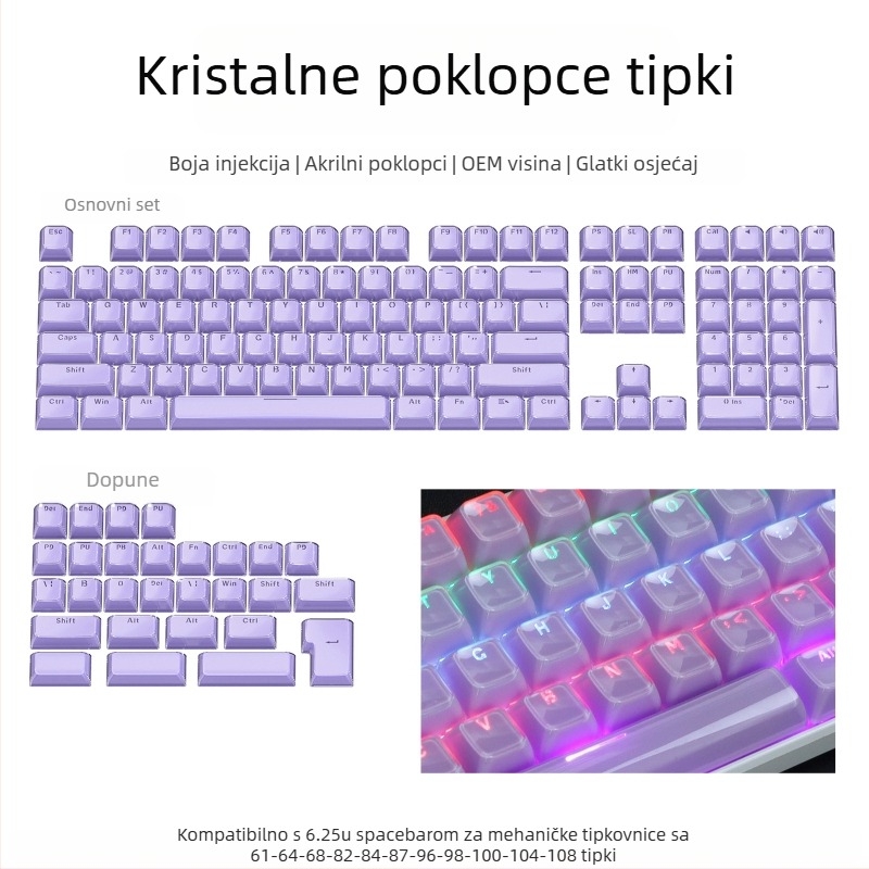 Set keycapova za mehaničku tipkovnicu, 113 tipki, PC materijal, dvobojna bočna gravura, kompatibilan s Cross-Shaft