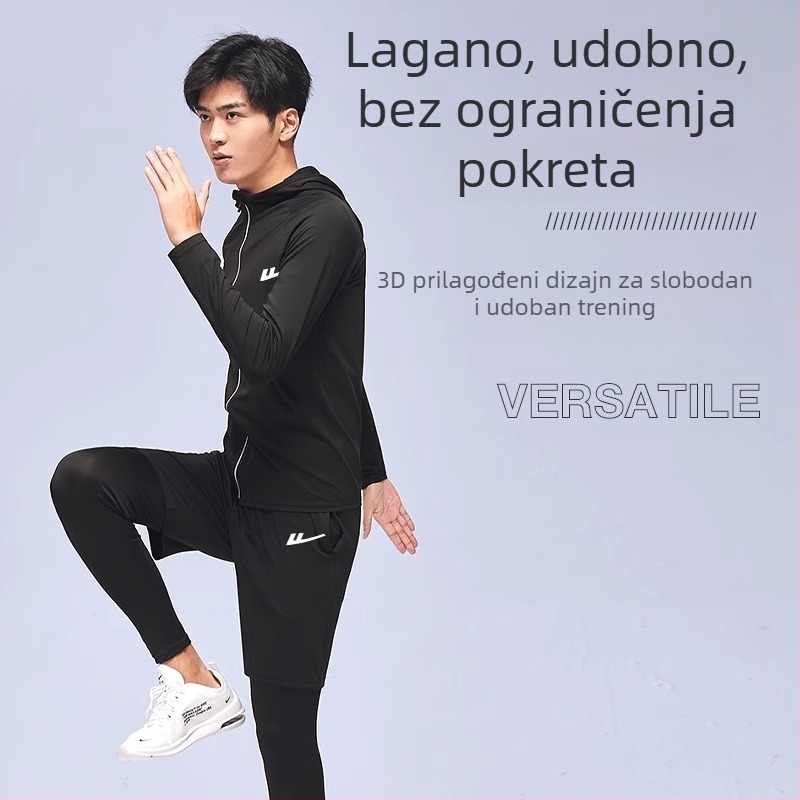 Muški trening kostim za trčanje – dvije komponente, prozračan, vlage upija, brzo suši, okrugli vrat, kratki rukavi, poliester-elastan