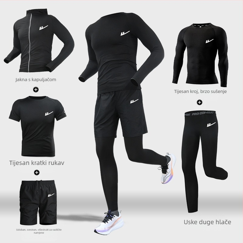 Muški trening kostim za trčanje – dvije komponente, prozračan, vlage upija, brzo suši, okrugli vrat, kratki rukavi, poliester-elastan