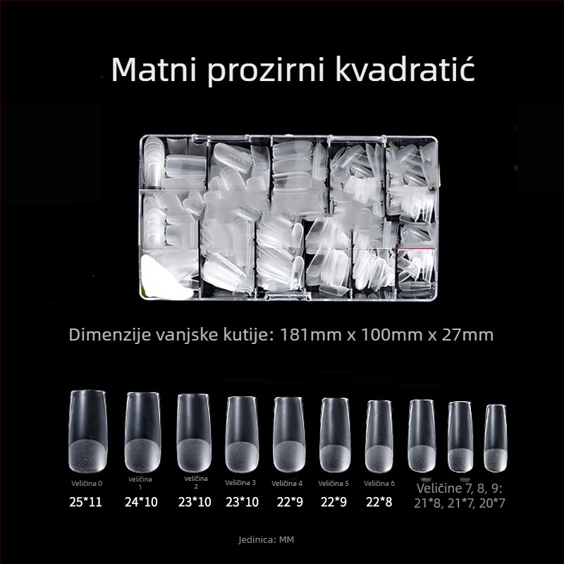 Prozirni umjetni nokti za ljepilo, bez brušenja i tragova; kutija od 500 komada; oblici: trapezni, kapljica vode i kvadratni; uključene naljepnice za nokte.