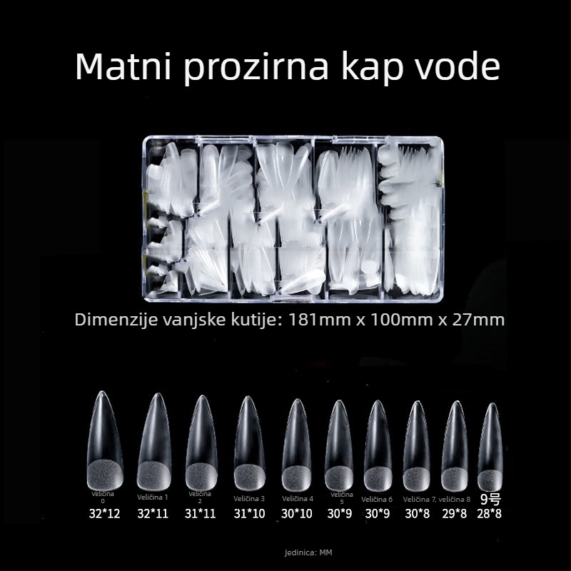 Prozirni umjetni nokti za ljepilo, bez brušenja i tragova; kutija od 500 komada; oblici: trapezni, kapljica vode i kvadratni; uključene naljepnice za nokte.