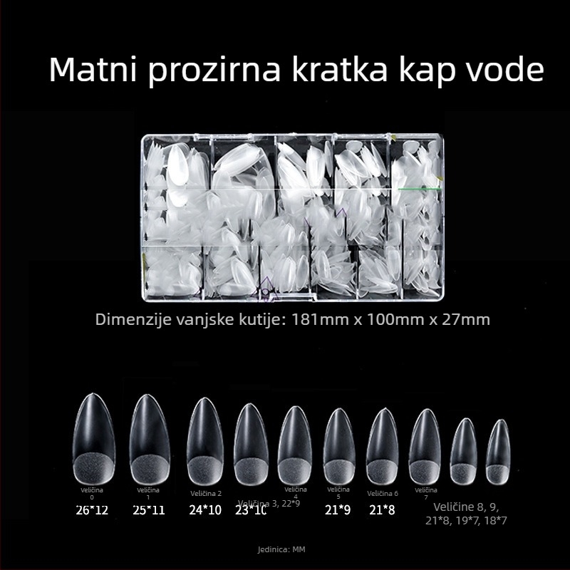 Prozirni umjetni nokti za ljepilo, bez brušenja i tragova; kutija od 500 komada; oblici: trapezni, kapljica vode i kvadratni; uključene naljepnice za nokte.