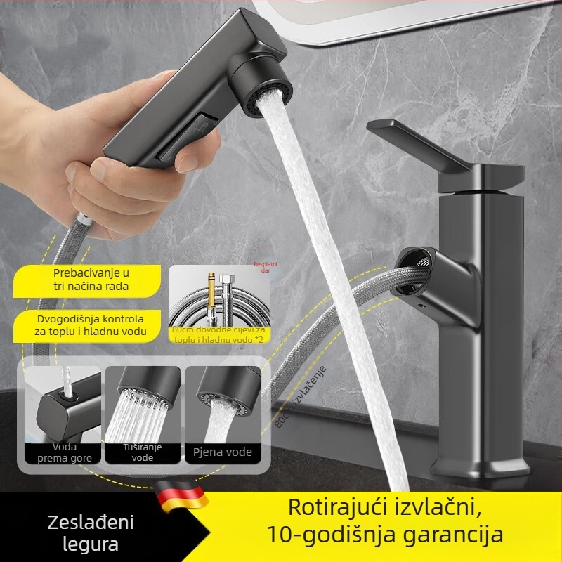 Izvlačna slavina za umivaonik, tijelo od cinkovog legura, keramički disk ventil, moderni minimalistički stil