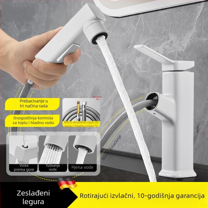 Izvlačna slavina za umivaonik, tijelo od cinkovog legura, keramički disk ventil, moderni minimalistički stil