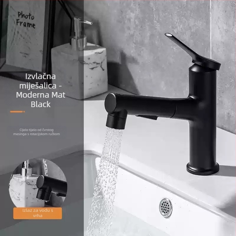 Izvlačna slavina za umivaonik, tijelo od cinkovog legura, keramički disk ventil, moderni minimalistički stil