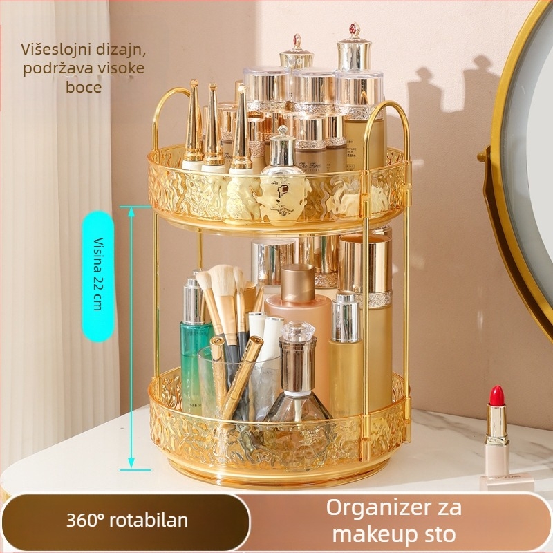 Rotirajući kozmetički organizator - stolni, 3-slojni plastični organizator, svijetao luksuz