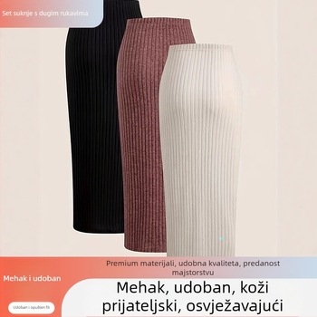 Suknja s visokim pojasom, pleteni materijal, polyester/spandeks, midi duljina, srednja elastičnost