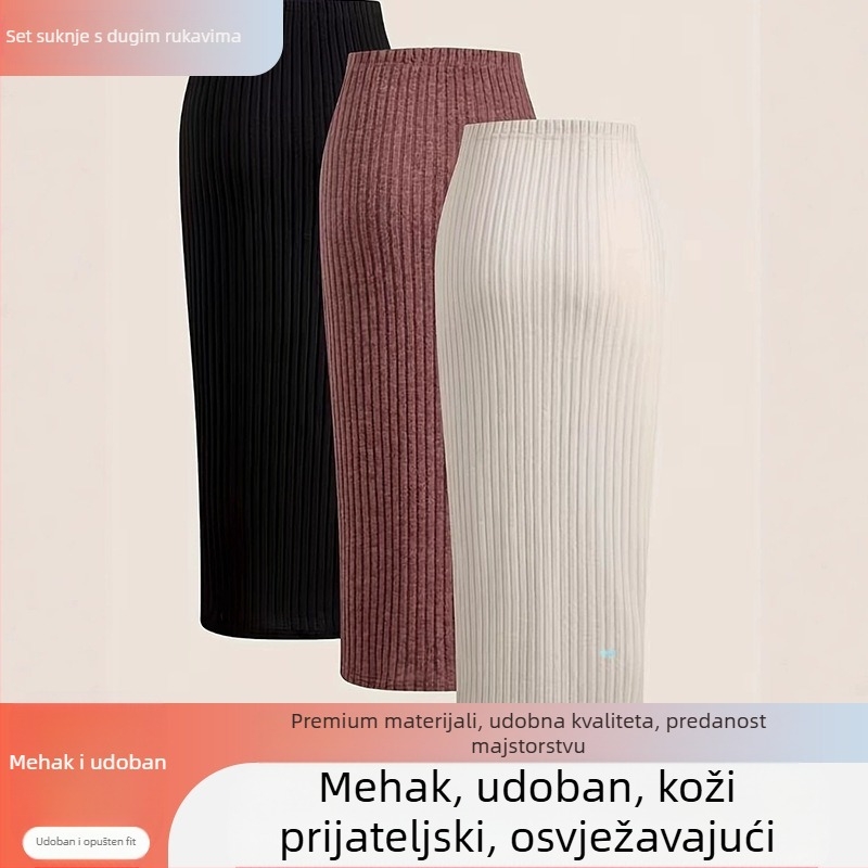 Suknja s visokim pojasom, pleteni materijal, polyester/spandeks, midi duljina, srednja elastičnost