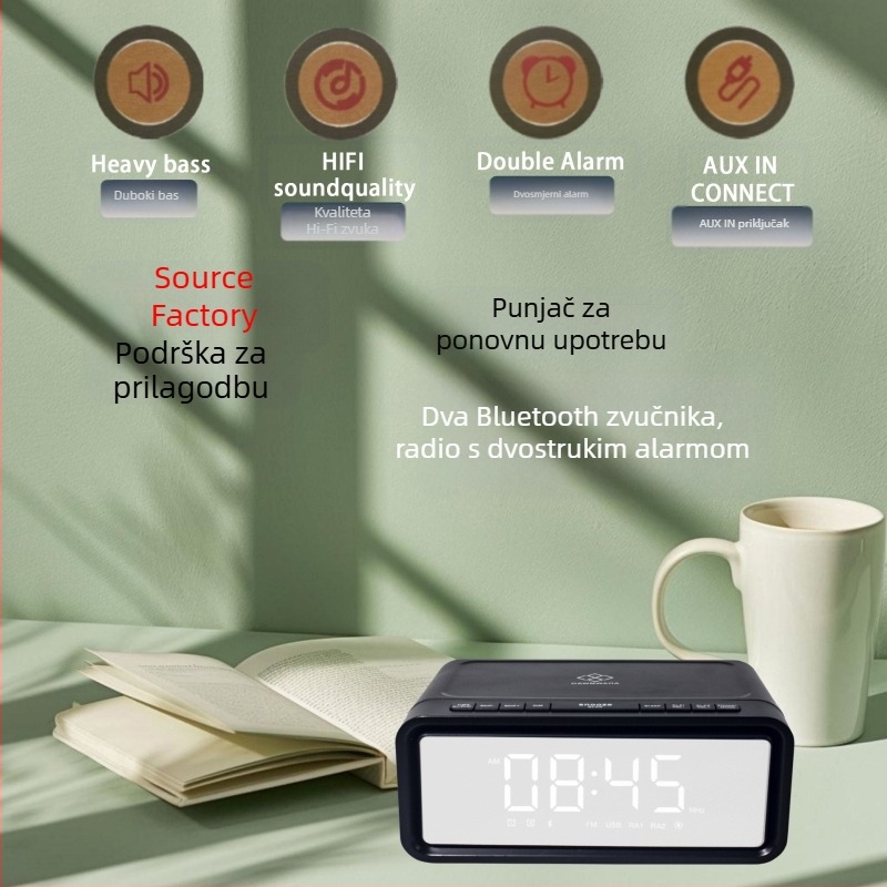 Radio s dvostrukim budilnikom i Bluetooth zvučnikom, LED zaslon, USB punjač, bežično punjenje, Bluetooth 5.3