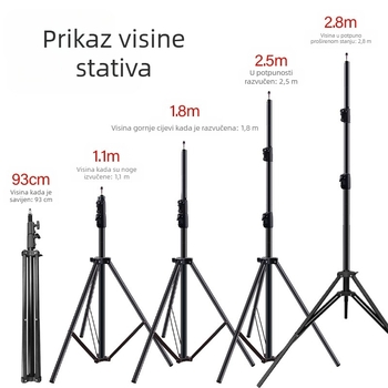 Aluminijski stalak za fotografiju, nosivost 5 kg, visina 2,8 m, promjer cijevi 30 mm, 3-sekcijski, pogodan za live streaming
