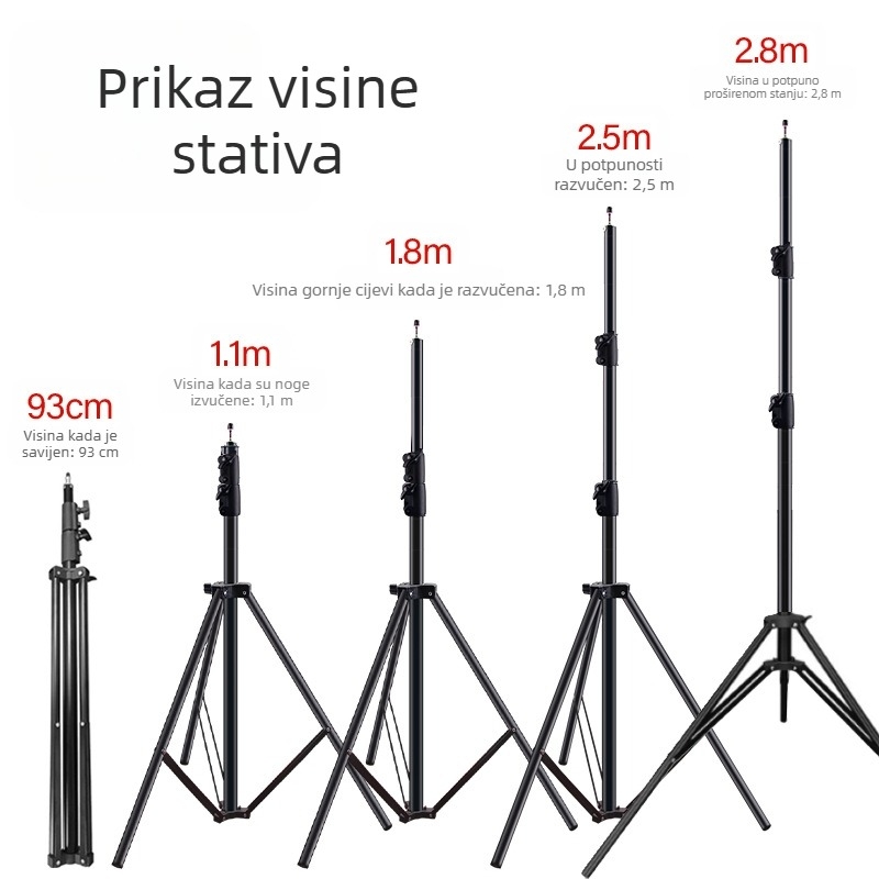 Aluminijski stalak za fotografiju, nosivost 5 kg, visina 2,8 m, promjer cijevi 30 mm, 3-sekcijski, pogodan za live streaming