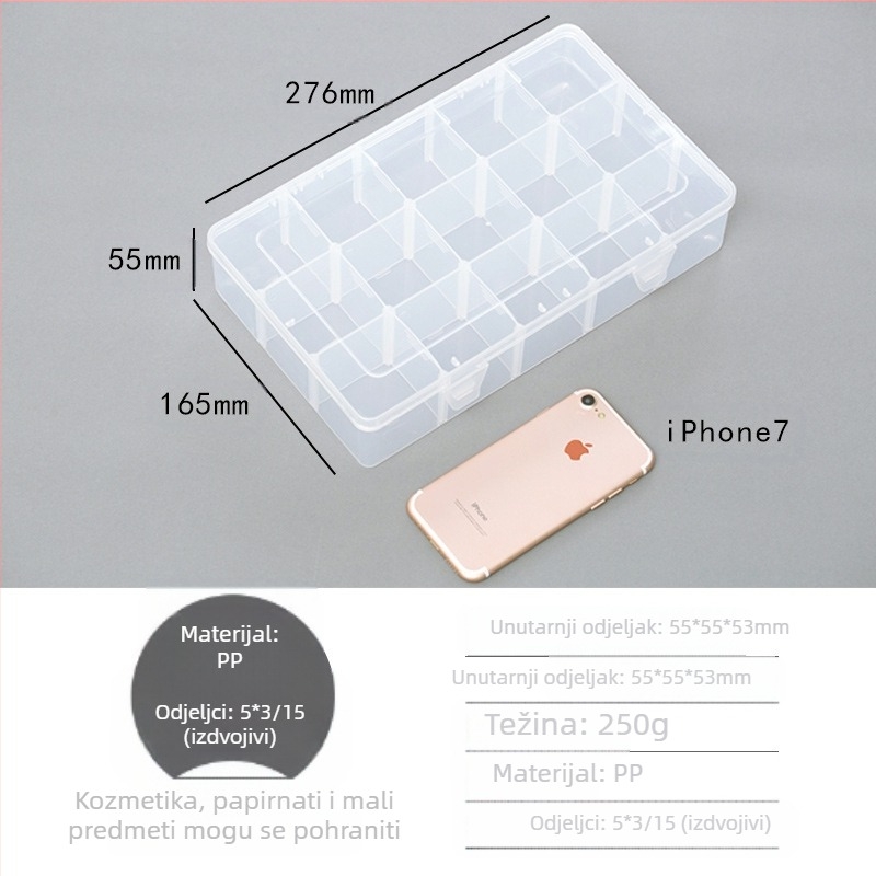 Kutija za skladištenje ljepljivih traka, 15 odjeljaka, polipropilen (BOPP), prozirna