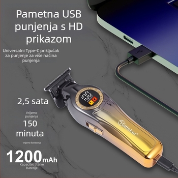 Kosu za kosu s digitalnim zaslonom, ugrađena baterija 1000–1200 mAh, odvojiva i periva glava oštrice, nehrđajući čelik oštrice, četkasti motor