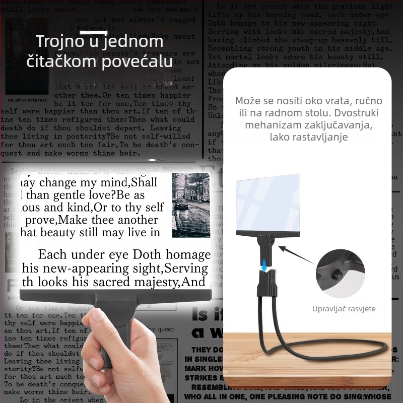 Lupa za čitanje na vratu za starije osobe, lupa za cijelu stranicu s HD LED svjetlom, 3-u-1: za vrat/ručne/stolne korištenje