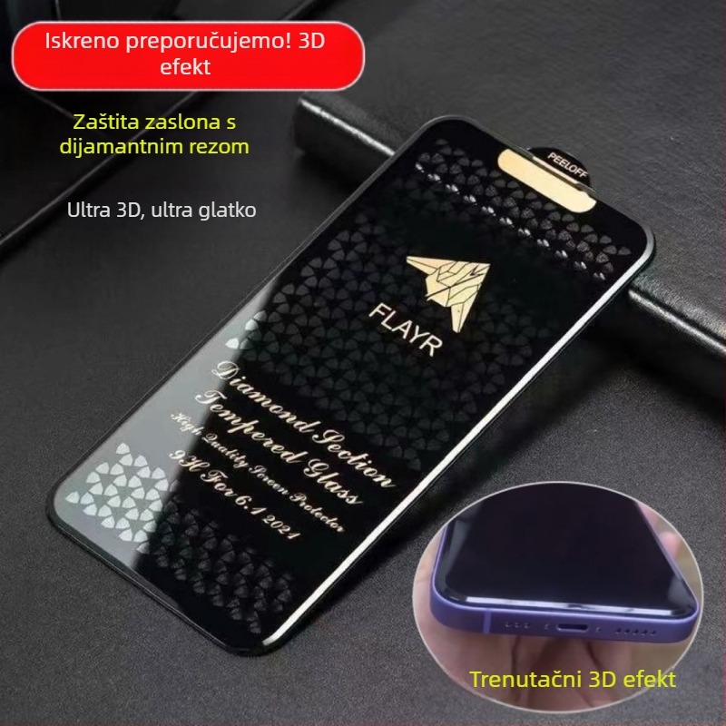 Diamond-Cut zaštitno staklo zaslona za iPhone 14 Pro Max – cijeli zaslon s zakrivljenim rubovima, antiotisak prsta, anti-statički, HD jasnoća