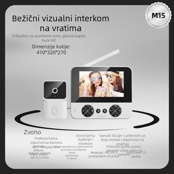 Video zvono za vrata s kamerom i noćnim vidom, unutarnja upotreba, model M15, napajanje 110–220V, razni tonovi zvona.