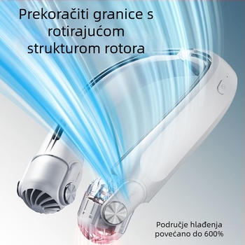 Prijenosni ventilator za vratni kaiš, sklopni, USB punjiv, zamjenjiva baterija 300–500 mAh, 3 brzine, bežično punjenje