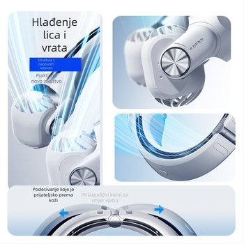 Prijenosni ventilator za vratni kaiš, sklopni, USB punjiv, zamjenjiva baterija 300–500 mAh, 3 brzine, bežično punjenje