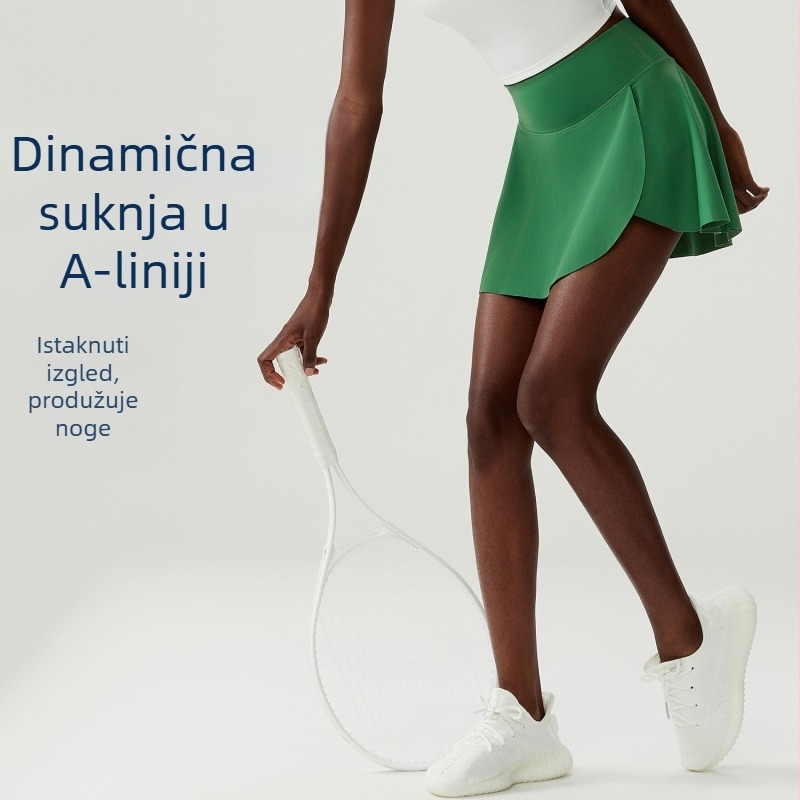 Ženska tenisko-trkačka suknja s Naked Feel Nylon tkaninom i CoolMax podstavom, prugasti uzorak; 75% Nylon + 25% Spandex; podstava: 31% CoolMax + 61% Polyester + 8% Spandex; pogodna za ljeto, proljeće, jesen