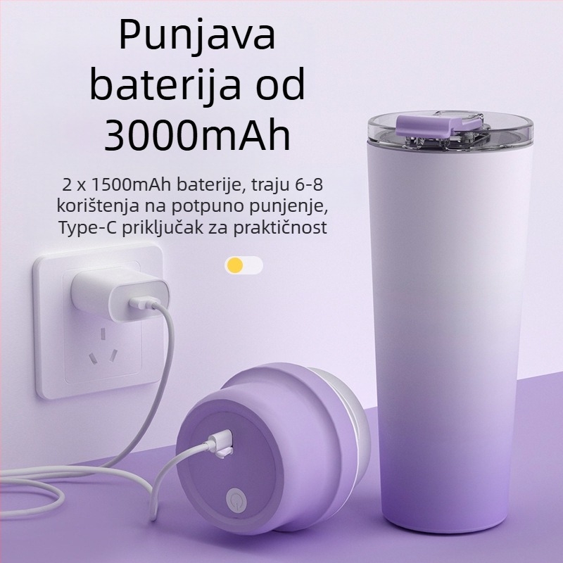 Prijenosna čaša za sok od nehrđajućeg čelika s ugrađenom baterijom, 60W, 22001 RPM+, 5+ oštrica, unutarnji spremnik od 304 nehrđajućeg čelika, izolirana