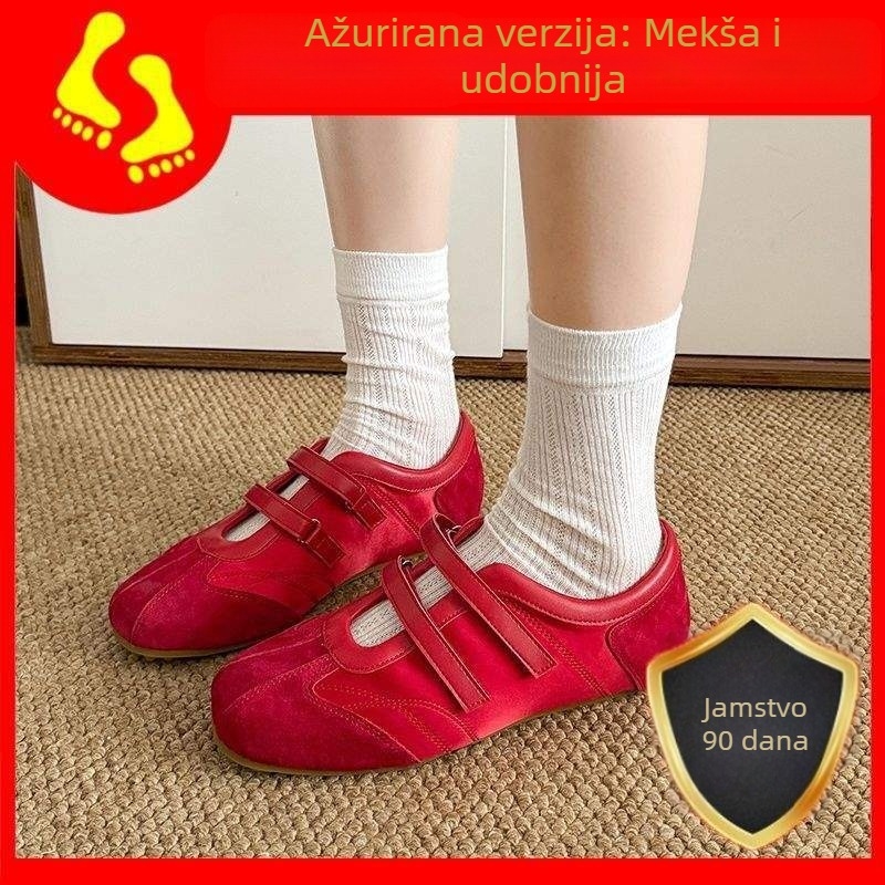 Ženske tenisice u baletnom stilu s nubuk gornjim dijelom, prugasti uzorak, kopča na Velcro zatvarač, ravna gumena potplat
