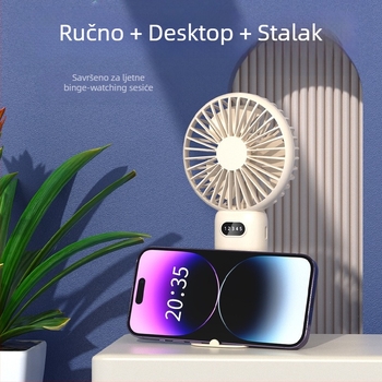 2-u-1 USB stolni ventilator i držač za telefon, kompaktni mini ventilator s ugrađenom baterijom 1000–1200mAh, 5 lopatica, trajanje 6–8 sati